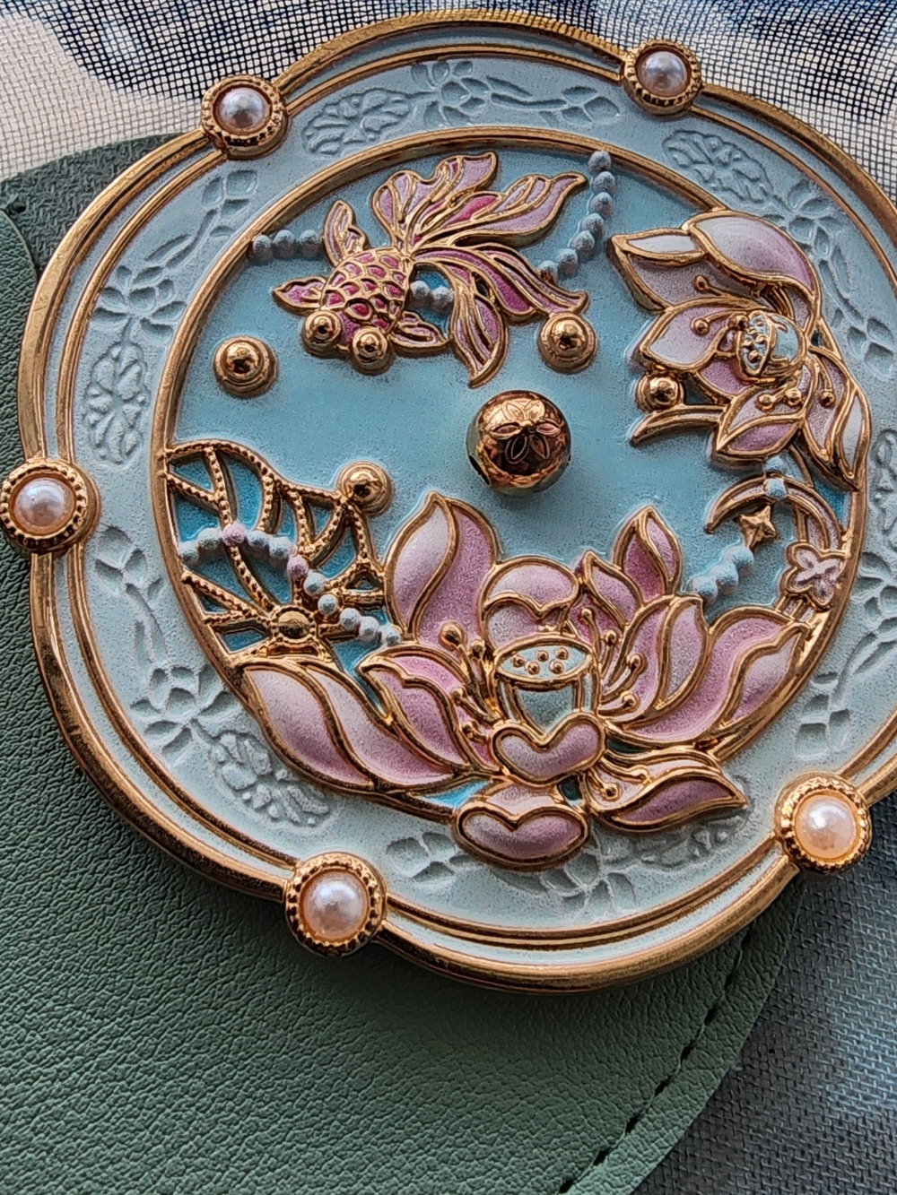 Elegant Gold-Tone Floral Compact Mirror in Blue and Pink